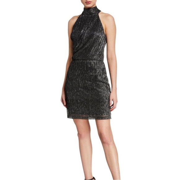 Halston Heritage Metallic Knit Halter Tie Back Dress Black Silver 12 - Picture 9 of 12